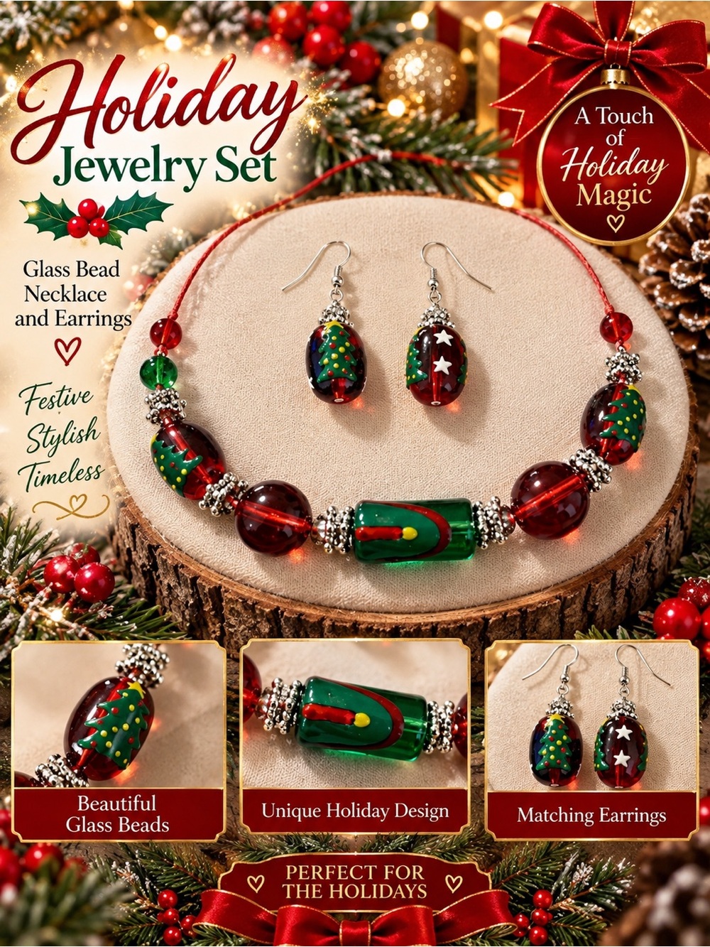 Festive Red & Green Glass Bead Necklace and Earrings Set